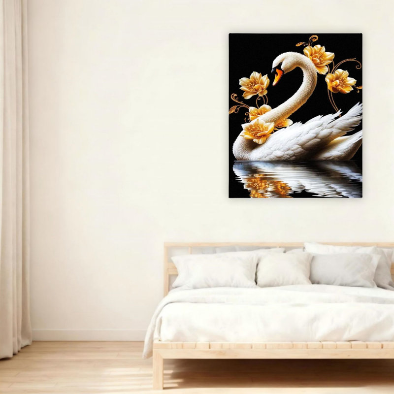 Art mural en toile blanche 24 "x 36" cygne blanc avec plume dorée
