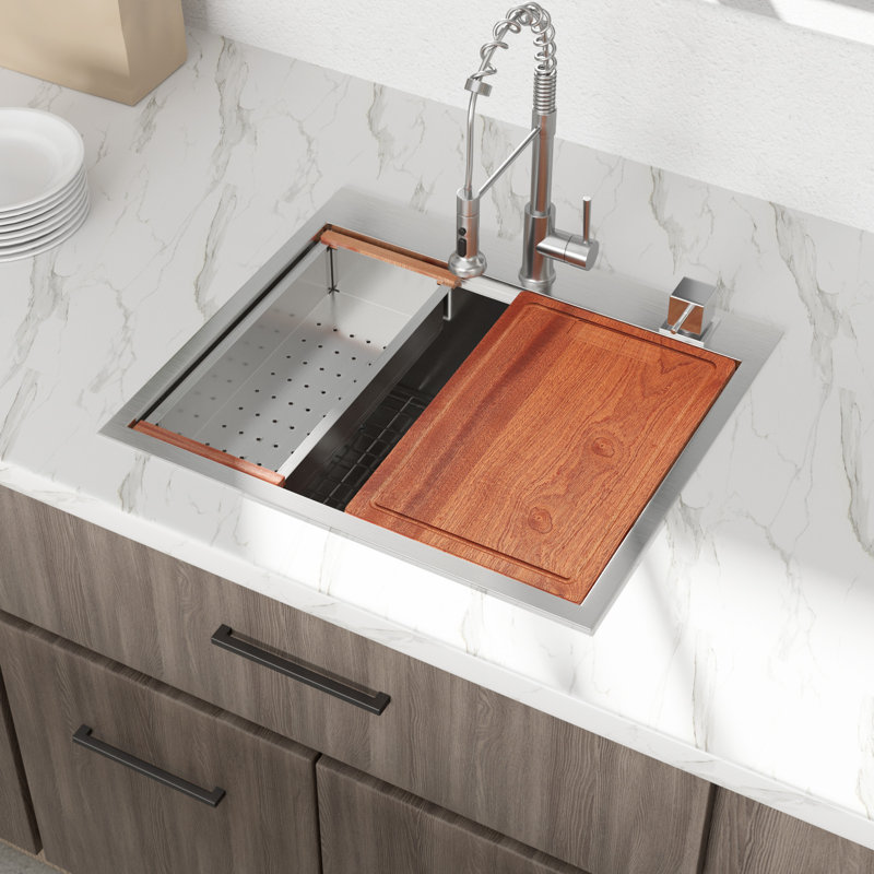 25"L x 22"W Drop In Kitchen Sink Workstation Stainless Steel Kitchen Bar Sink with Two Faucet Hole