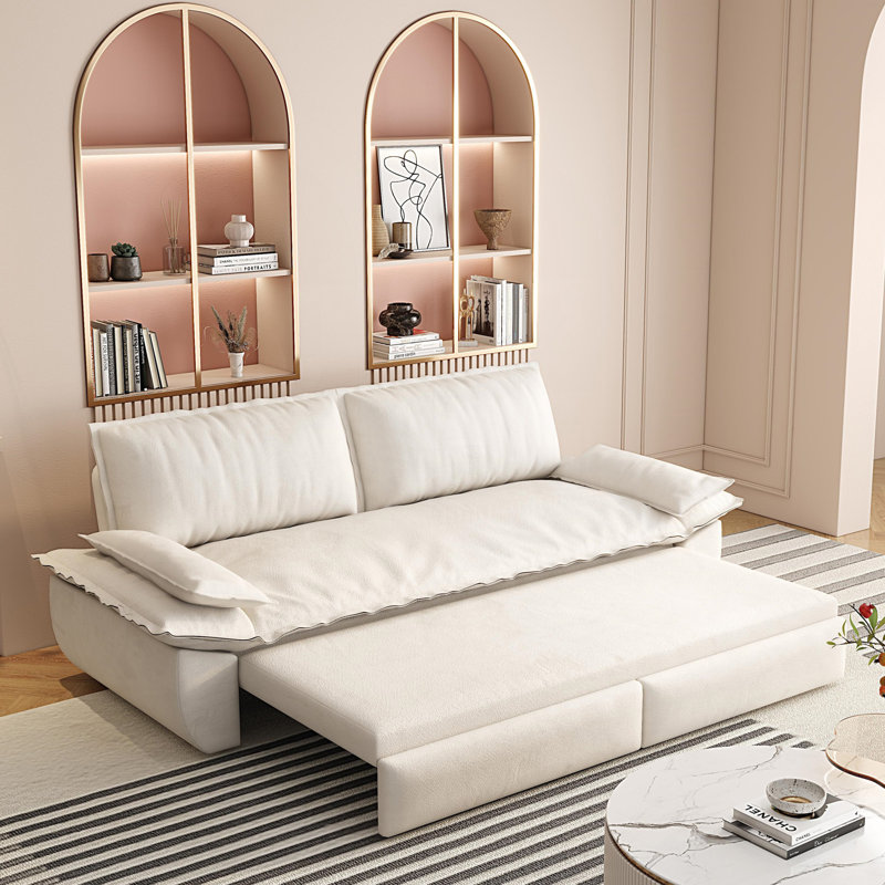 Canapé-lit escamotable de 73,2 po, canapé-lit convertible 3-en-1, causeuse en velours multifonctionnel, beige / blanc