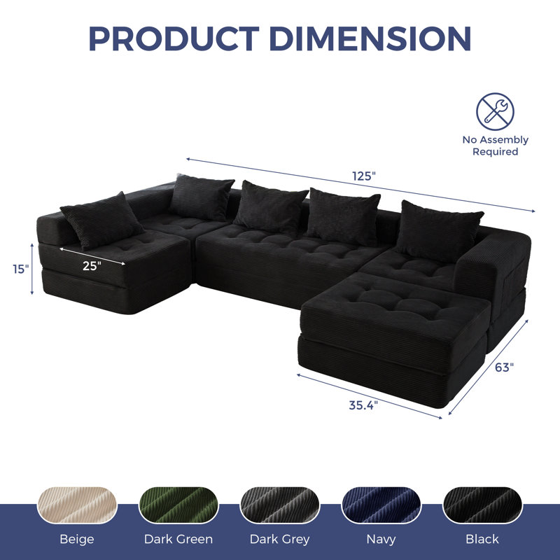 Boneless U Shaped Modular Sectional Sofa Couch, 15" H x 125" W x 63" D, Black Corduroy