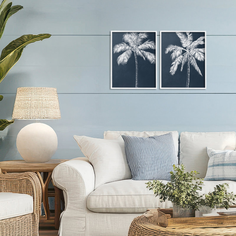 «Blue Palms Tropical Scene», ensemble de 2 giclées encadrées, par Leah Noel Art, H 14 po x l 22 po