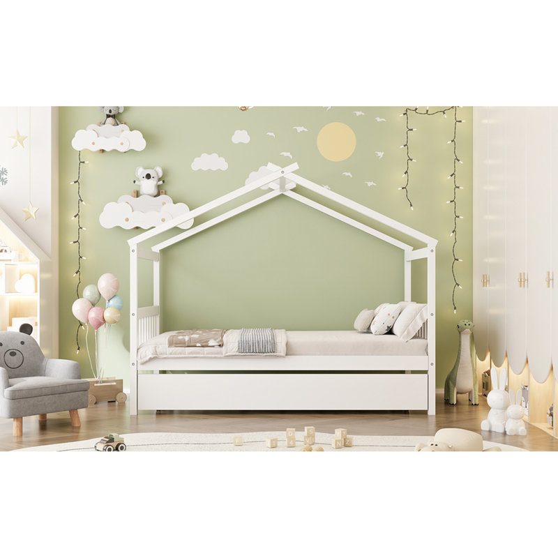 Lit simple blanc avec lit gigogne, toit en ciel pour chambre amusante, structure en bois de pin, 2 têtes de lit confortables, dimensions L 80,5 po x l 41,5 po, lit, conception imaginative, jeunes esprits, têtes de lit