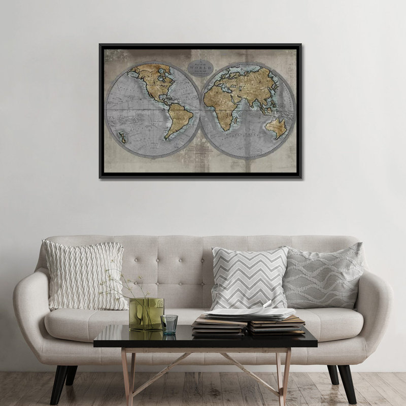 « map of the world », impression sur toile, H 32 po x l 48 po x P 1,5 po, Toile avec cadre noir, Pas de tapis
