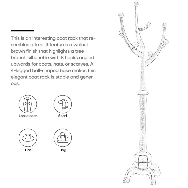 Black Rubber Wood Freestanding Coat Rack with 8 Hooks