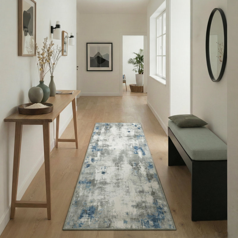 Mignone Pavelina Abstract Machine Washable Grey/Ivory/Blue Indoor Area Rug With Non-Slip Backing, Runner 2' x 6'