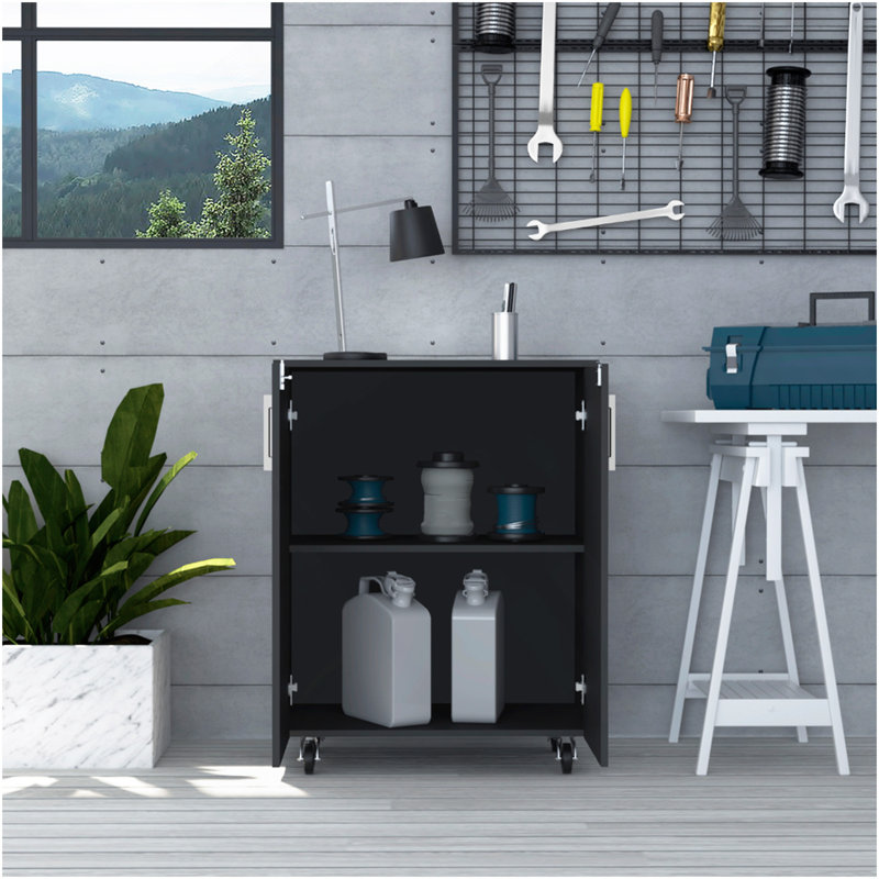 Armoire multi-rangement H 35 po, deux portes, deux tablettes intérieures, quatre roues, noir