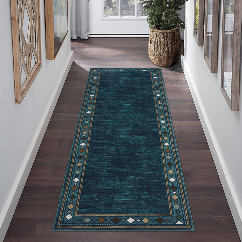 Modern Machine Washable Rugs Bordered Design Non-Slip Low Pile Rubber Backing Indoor Area Rug for Living Room Bedroom Kitchen Dining Room