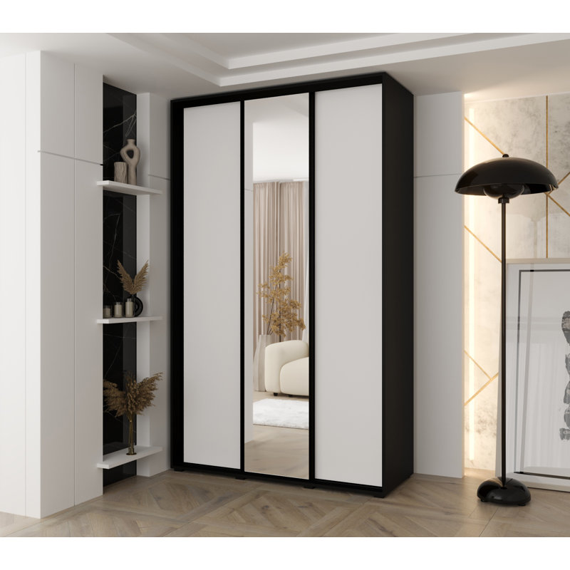 3 Door Manufactured Wood Wardrobe, 235.2cm H x 160cm W x 45cm D, White/Black