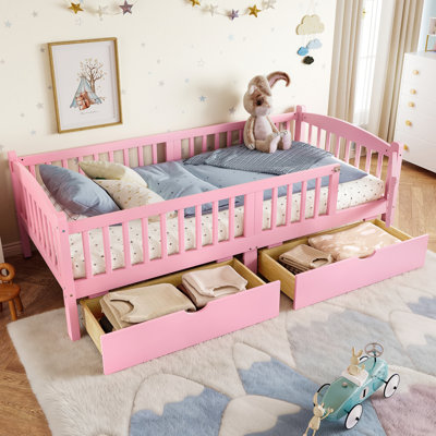 Lit plateforme simple TG avec garde-corps pleine longueur, lit plateforme pour enfants avec tiroirs de rangement, tête de lit enfantine et mignonne