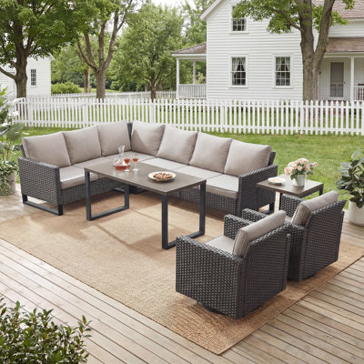 Salome 5-Person All Weather Outdoor Wicker L-Shaped Patio Conversation Set With Swivel Gliders And Side Table