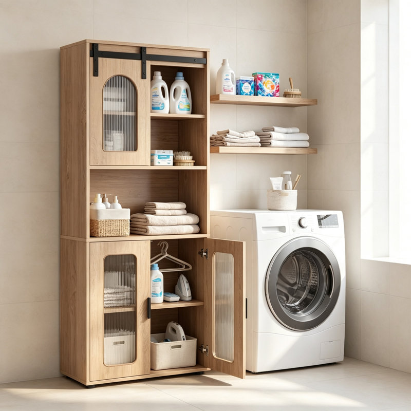 Tall Kitchen Storage Cabinet 150cm, Freestanding Pantry Cupboard with Sliding Barn Door, Open Shelves and Enclosed Storage