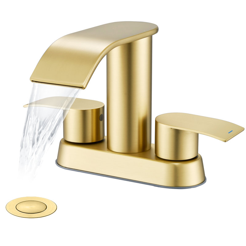 4" Centerset Double Handle Waterfall Bathroom Sink Faucet with Pop Up Drain, Brushed Gold