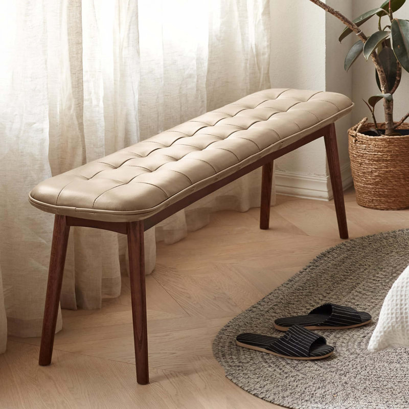 Banc de table en bois de chêne naturel pour salle à manger avec coussin en cuir