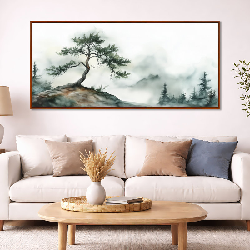 «Bonsai vert dans les montagnes», reproduction d'art encadrée zen, H 28 po x l 60 po, Cadre flottant brun