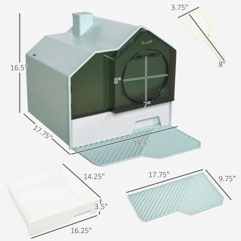Light Blue House Shape Hooded Cat Litter Box with Drawer