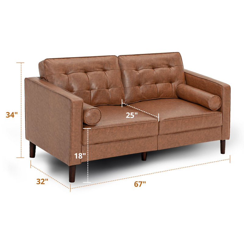 Mandile Faux Leather Sofa, Cognac Tan Faux Leather, 34'' H x 67'' W x 32'' D, 2