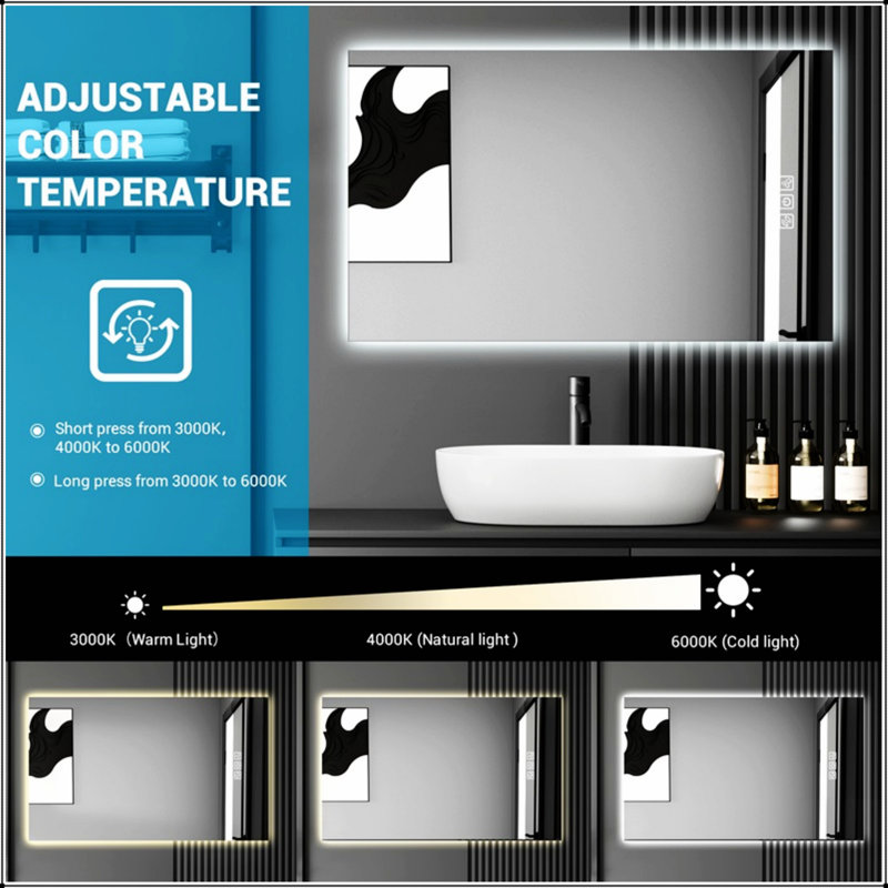 Miroir de salle de bain 36 po x 28 po à rétroéclairage DEL lumineux, désembuage 5 minutes, miroir de meuble-lavabo mural pleine HD à réflexion, 3 lumières à intensité variable à intensité variable, CRI90 +, fonction mémoire, anti-buée