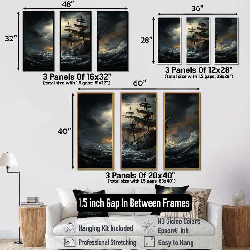 «Pirate Ship At Stormy Seas», ensemble d'art sur toile, H 28 po x l 36 po x P 1 po, Cadre flottant blanc