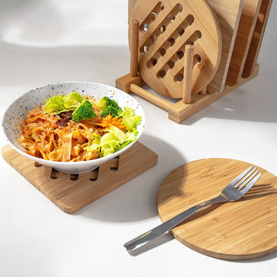 Dessous de plat en bambou avec égouttoir, dessous de plat en bambou naturel pour plats chauds, casseroles, bols, théières, lot de 8,