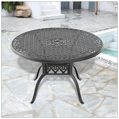 Table de salle à manger 47,24 pouces en fonte d'aluminium avec structure noire et trou pour parasol