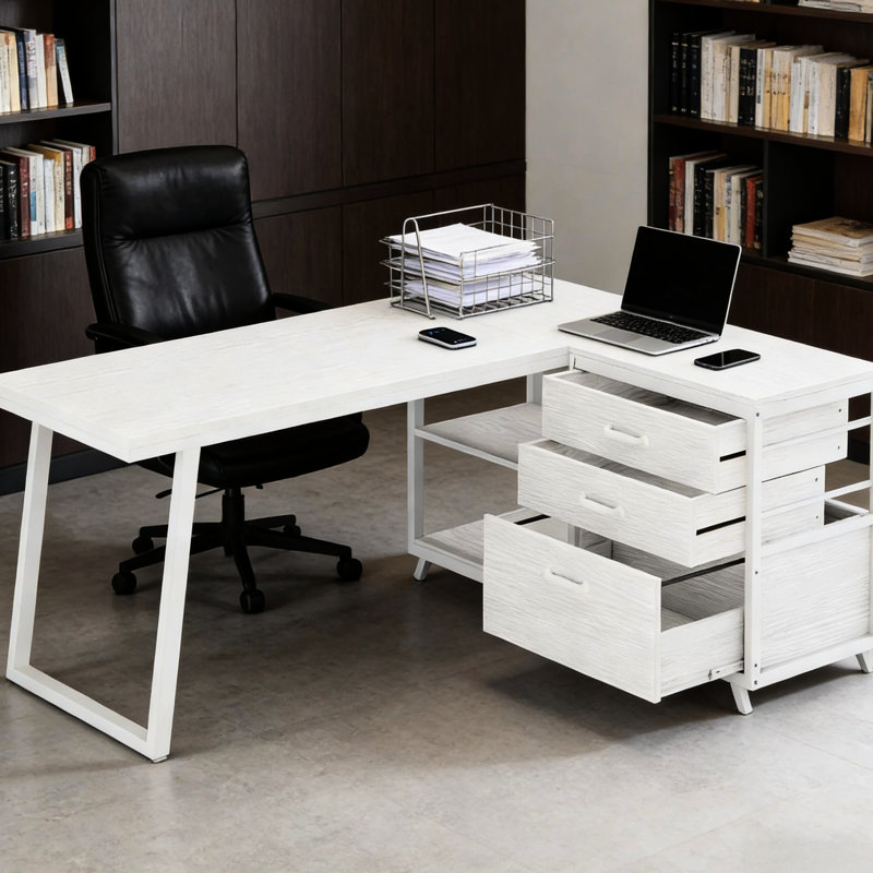Bureau à dessin en forme de L blanc pour le bureau personnel 2 petits tiroirs, 1 grand tiroir, des tablettes ouvertes, un bureau spacieux de l 53 po x P 19,7 po, facile à assembler et avec beaucoup de rangement