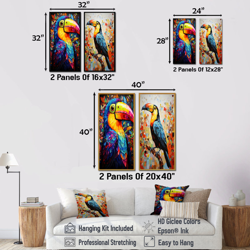 Toucan jaune et bleu, jungle tropicale I - ensemble de 2 impressions sur toile Toucan, Encadrement doré, H 28 po x l 25 po