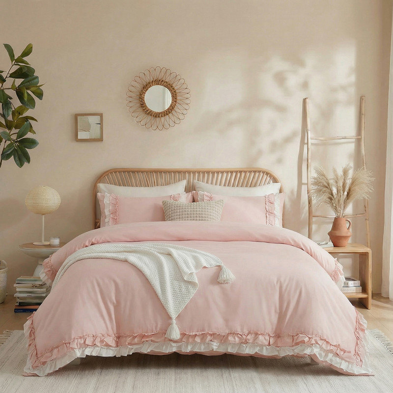 Ensemble de housse de couette à volants en coton rose, Rose, Housse de couette très grand et 2 taies d'oreille