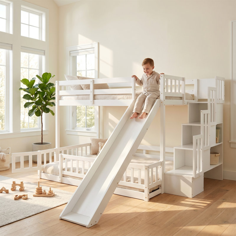 Lit superposé en pin massif avec rails de sécurité; Lit superposé blanc avec glissade et escalier de rangement, Blanc