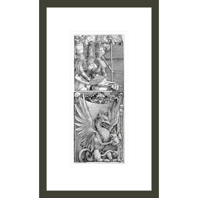 L'arche de triomphe de l'empereur Maximilien I (1459-1519): détail de l'ornement de pilier montrant un griffon ailé sous une silhouette frappant deux tambourins, un chevalier en armure et un pub en héraut. 151 par Albrecht Dürer - Impression numérique sur toile