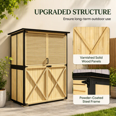Remise de rangement extérieure moderne en bois avec structure en bois verni durable et en acier, tablettes réglables et portes à volets élégantes