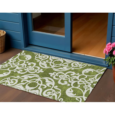 Tapis intérieur lavable damassé vert et ivoire 3 pi x 5 pi