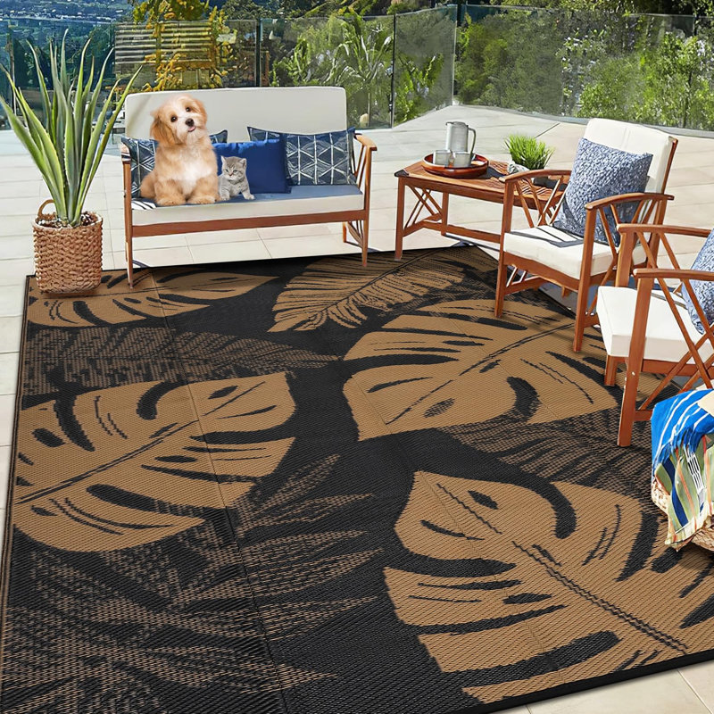 Waterproof Reversible Outdoor Plastic Straw Rug 9x12ft, UV Resistant, Easy-Clean Patio Carpet with Portable Bag & 4 Stakes, Perfect for RV, Balcony, Black Brown