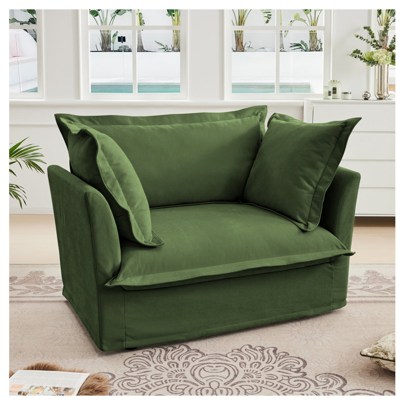  Fauteuil en chenille vert recouvert de glissement avec 1 grand coussin de dossier et 2 coussins décoratifs, siège simple et confortable pour le salon