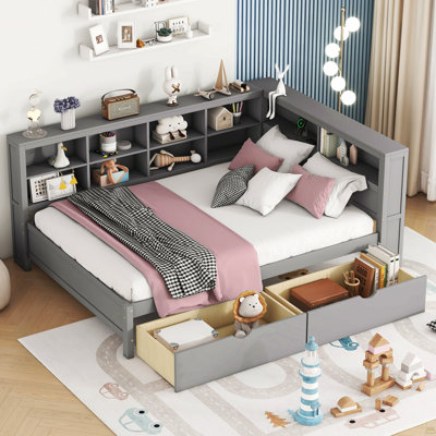 Wooden Full Size DayBed with 2 Drawers, DayBed with Storage Shelf and USB Charging Ports