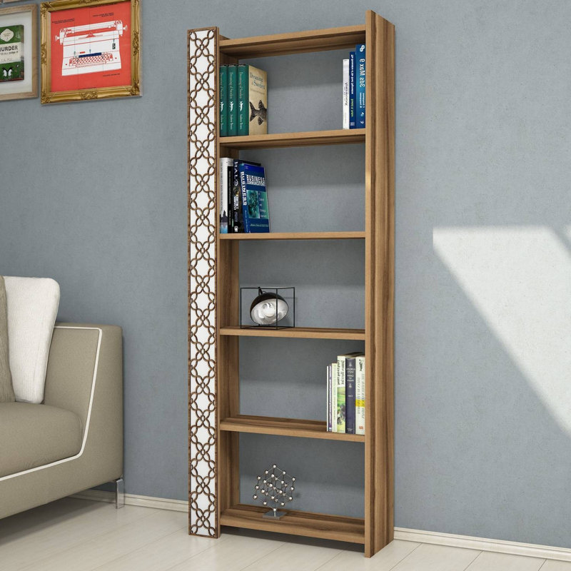 Bibliothèque élégante et moderne, noyer et blanc, 25,4 po x 67,0 po x 9,5 po | 100% panneau de particules enduit de mélamine, 0,7 po d'épaisseur | Support mural, tablettes multiples, capacité de 66 lb | Idéal pour la solution de rangement à la maison ou au bureau