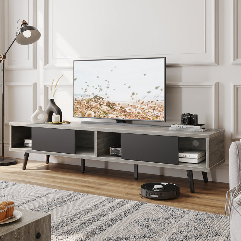 Carlei 70 inch TV Stand for TVs up to 75", Retro Light Gray Oak/Black Door