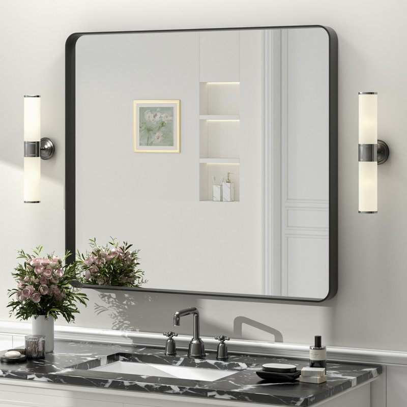 Molly Tempered Glass and Metal Framed French Cleat Mounted Wall Bathroom / Vanity Mirror, 36" x 32", Black