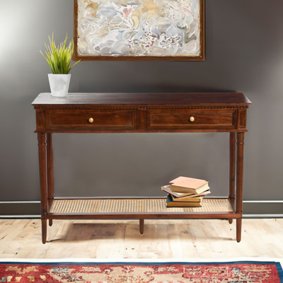 Ayleena Maxwelton Solid Wood Console Table with 2 Drawers and Woven Cane Storage Shelf
