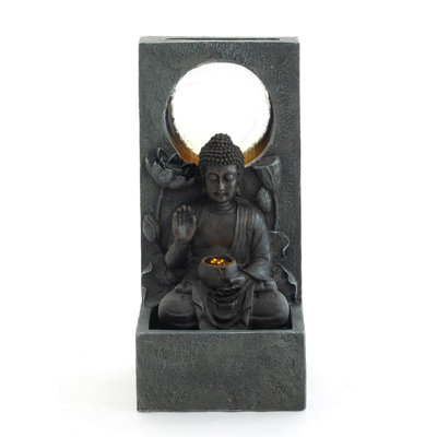 28" H Outdoor Buddha Waterfall Fountain, Freestanding Relaxing Water Feature, Asian Zen Fengshui Decor For Patio, Garden, Backyard, Deck & Home, Ideal Gift Led Fountain