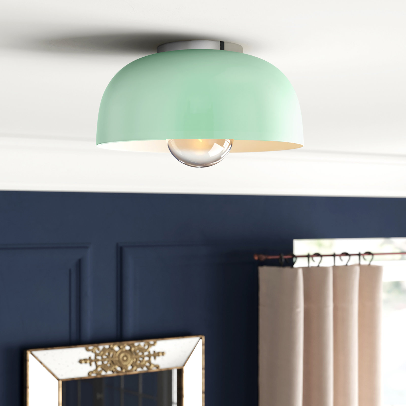 Rodanthe Single Light Metal Flush Mount, Polished Nickel, Navy, 6" H x 14" W x 14" D