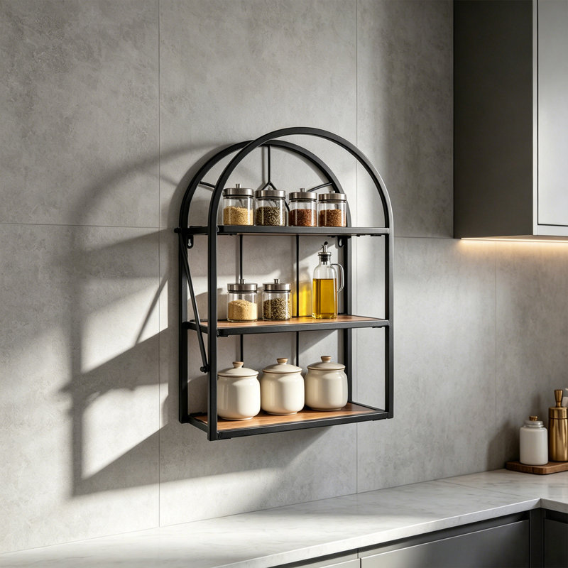 Étagère murale rustique à 3 niveaux, support de rangement flottant pliable avec structure métallique arquée, gain de place