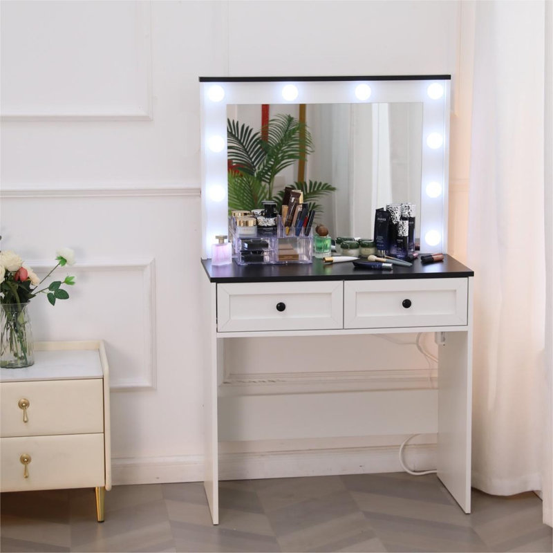 Coiffeuse Beroun avec lumières, 2 tiroirs, grand miroir, prise de courant