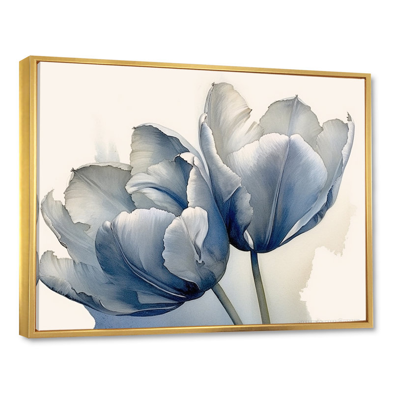 Tulipes, simplicité, saphir sur toile, H 30 po x l 40 po x P 1,5 po, Cadre flottant doré