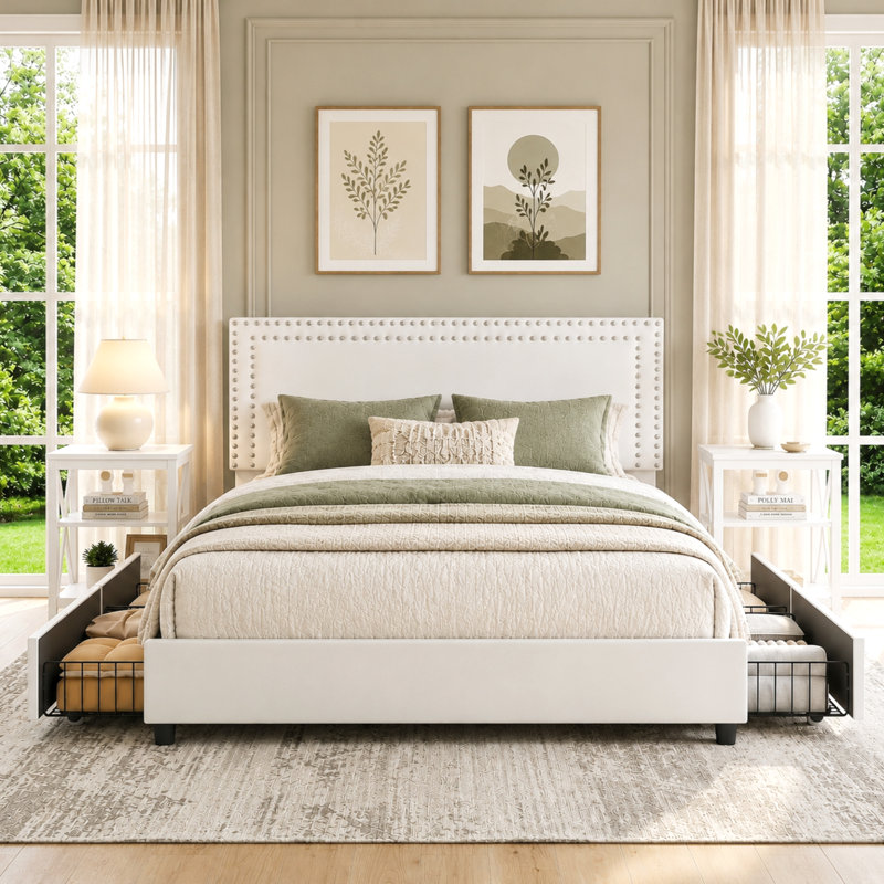 Storage Bed With 4 Drawers And 3-Tier Nightstand Bedroom Set Platform Velvet Bed With Under-Bed Storage, Modern Upholstered Bed Set