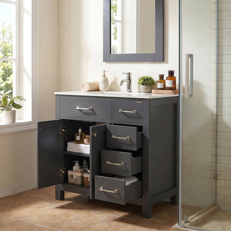 Undermount Ceramic Shaker 36" Single Bathroom Vanity Set with Mirror, Gray