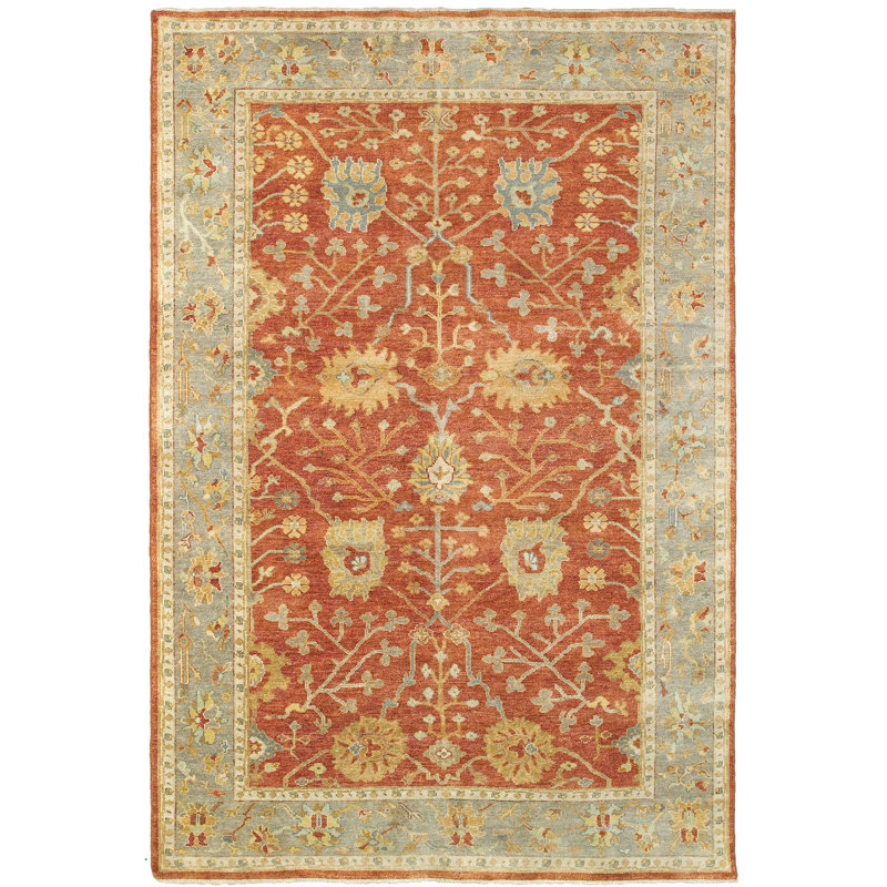 Oriental Hand-Knotted Wool Area Rug in Rust Gray, Rectangle 6' x 9'