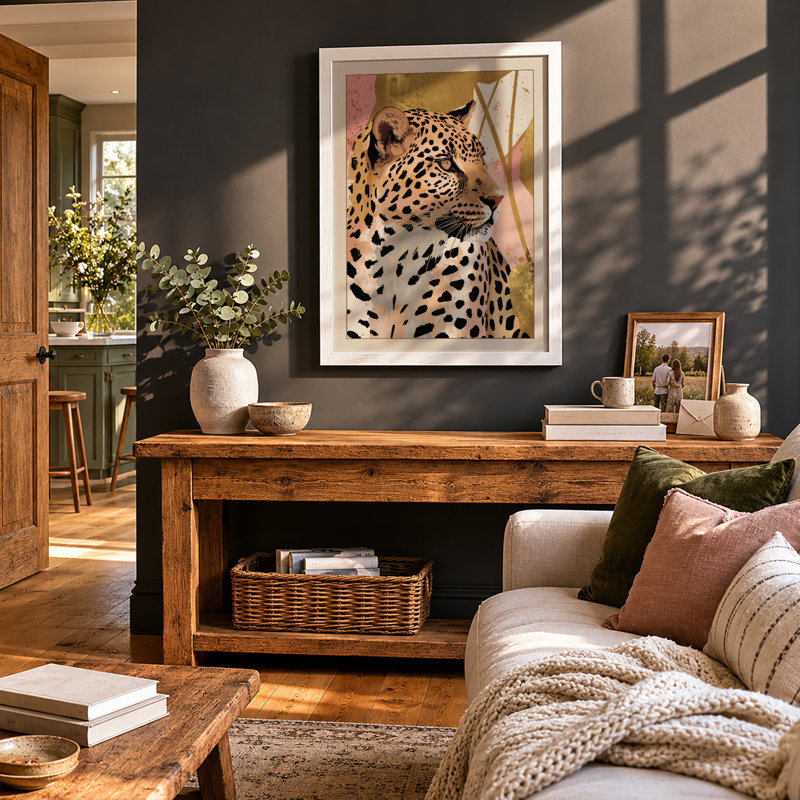Leopard in Botanica Boho - Framed Print, A1 - 84.1 x 59.4 cm, White