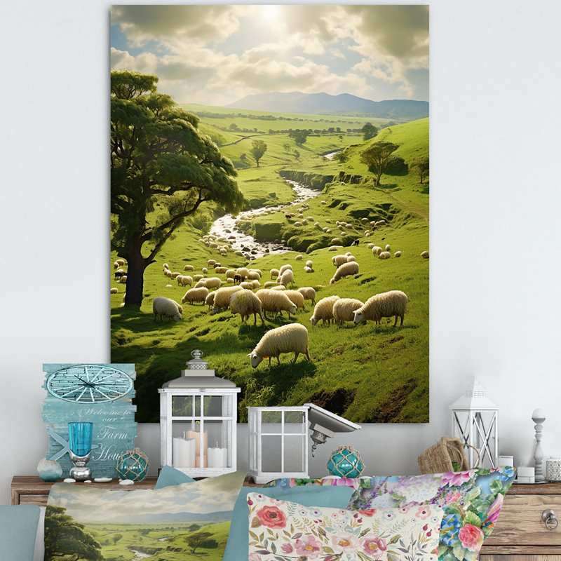 «Pastoral Bliss Sheep Landscape I», reproduction d'art sur toile, H 32 po x l 16 po x P 1 po, Toile tendue