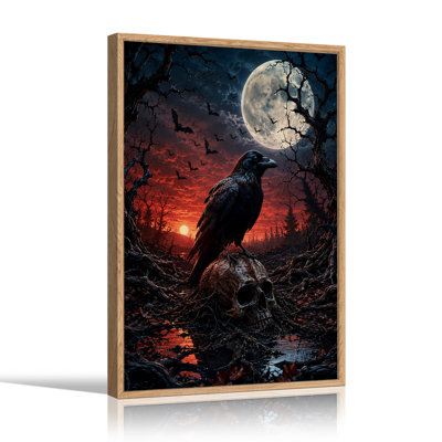 Black Raven Perched on Skull Under Full Moon in Halloween Canvas Wall Art