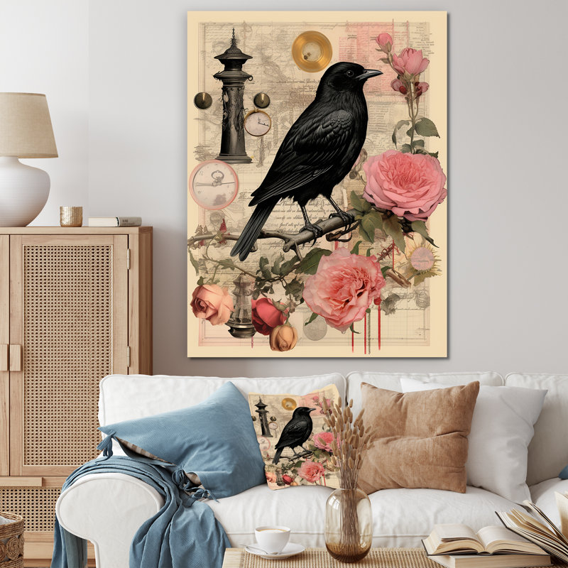 Corbeau noir - Illustration rétro - impression, Toile tendue, H 32 po x l 16 po x P 1 po